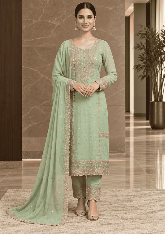 Semi-Stitched Soft Organza In Pastel Aqua With Intricate Multicolour Thread And Sequin Embroidery Suit Material