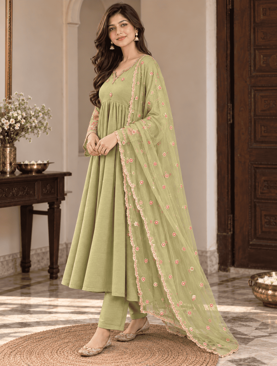 Green silk blend with embroidery kurta pant with net dupatta