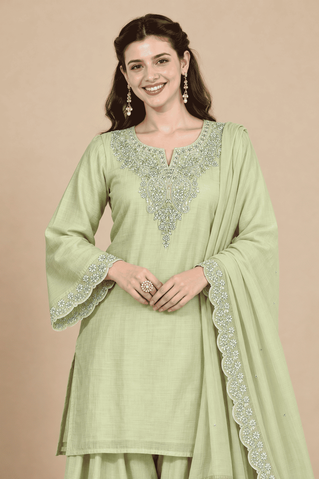 Light Green Embroidered Mul Chanderi Kurta and Pant with Dupatta