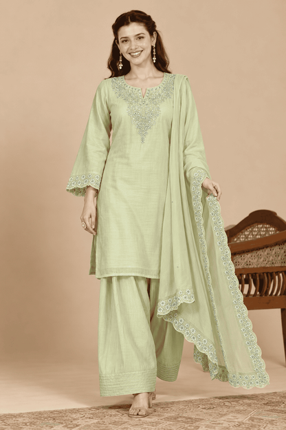 Light Green Embroidered Mul Chanderi Kurta and Pant with Dupatta