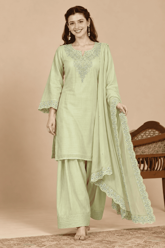 Light Green Embroidered Mul Chanderi Kurta and Pant with Dupatta