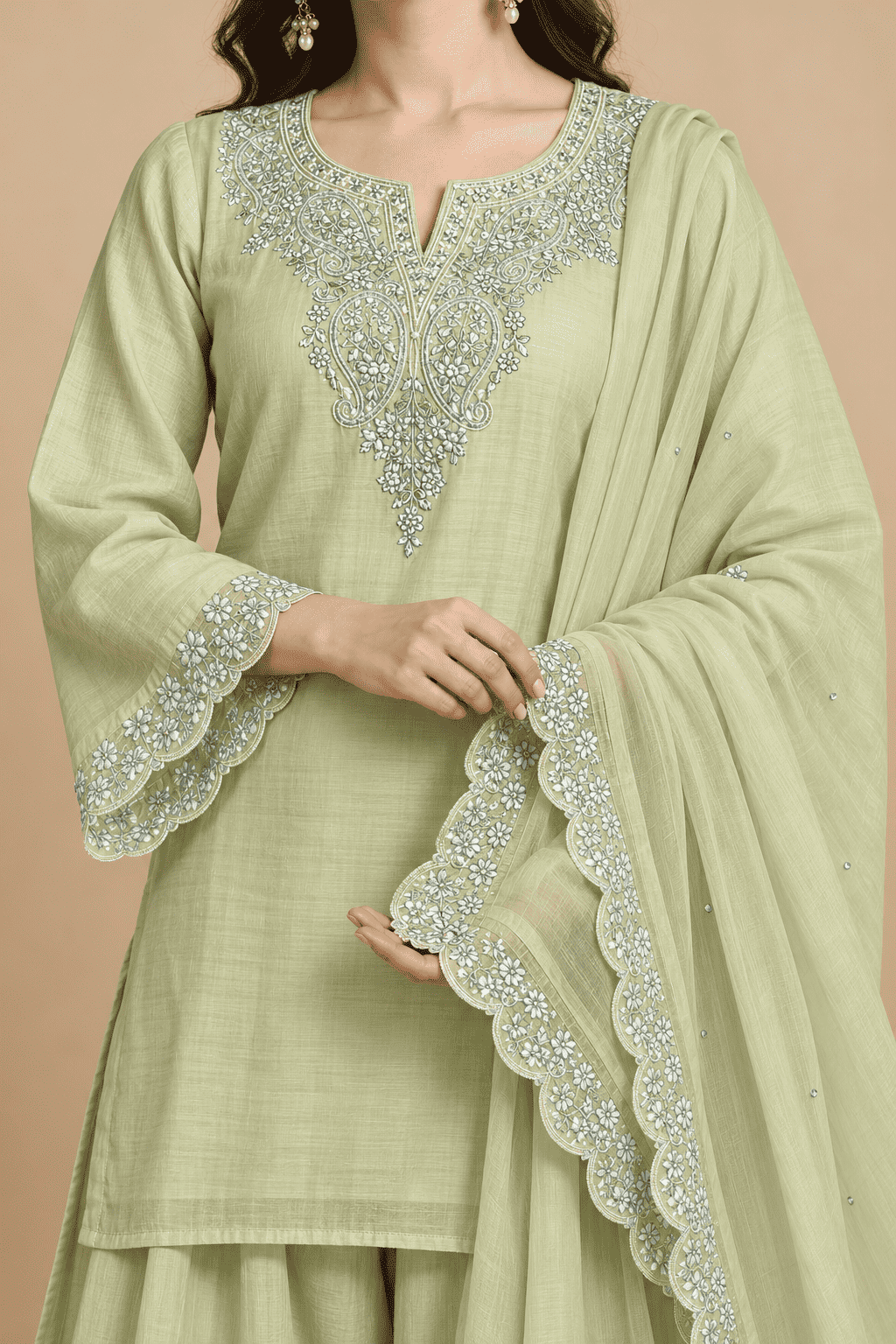 Light Green Embroidered Mul Chanderi Kurta and Pant with Dupatta
