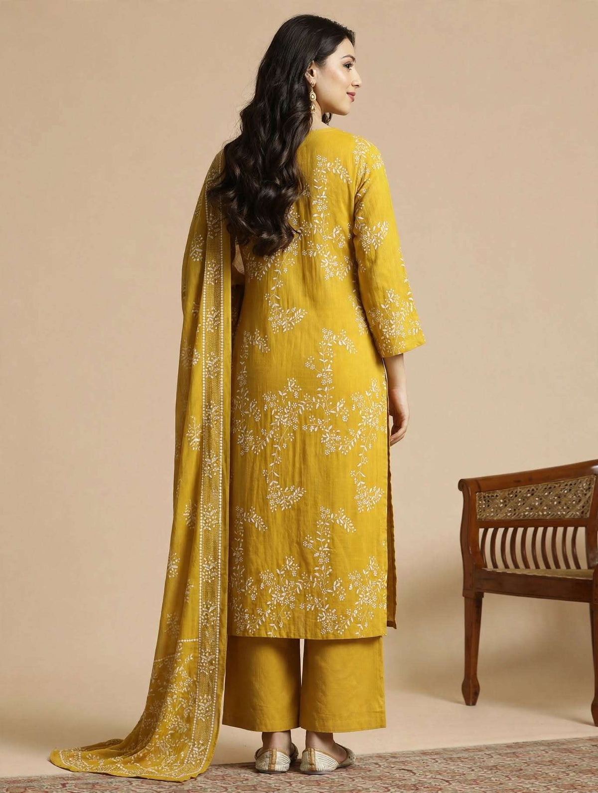 Yellow Floral Embroidery Mul Chanderi Kurta Set with Dupatta