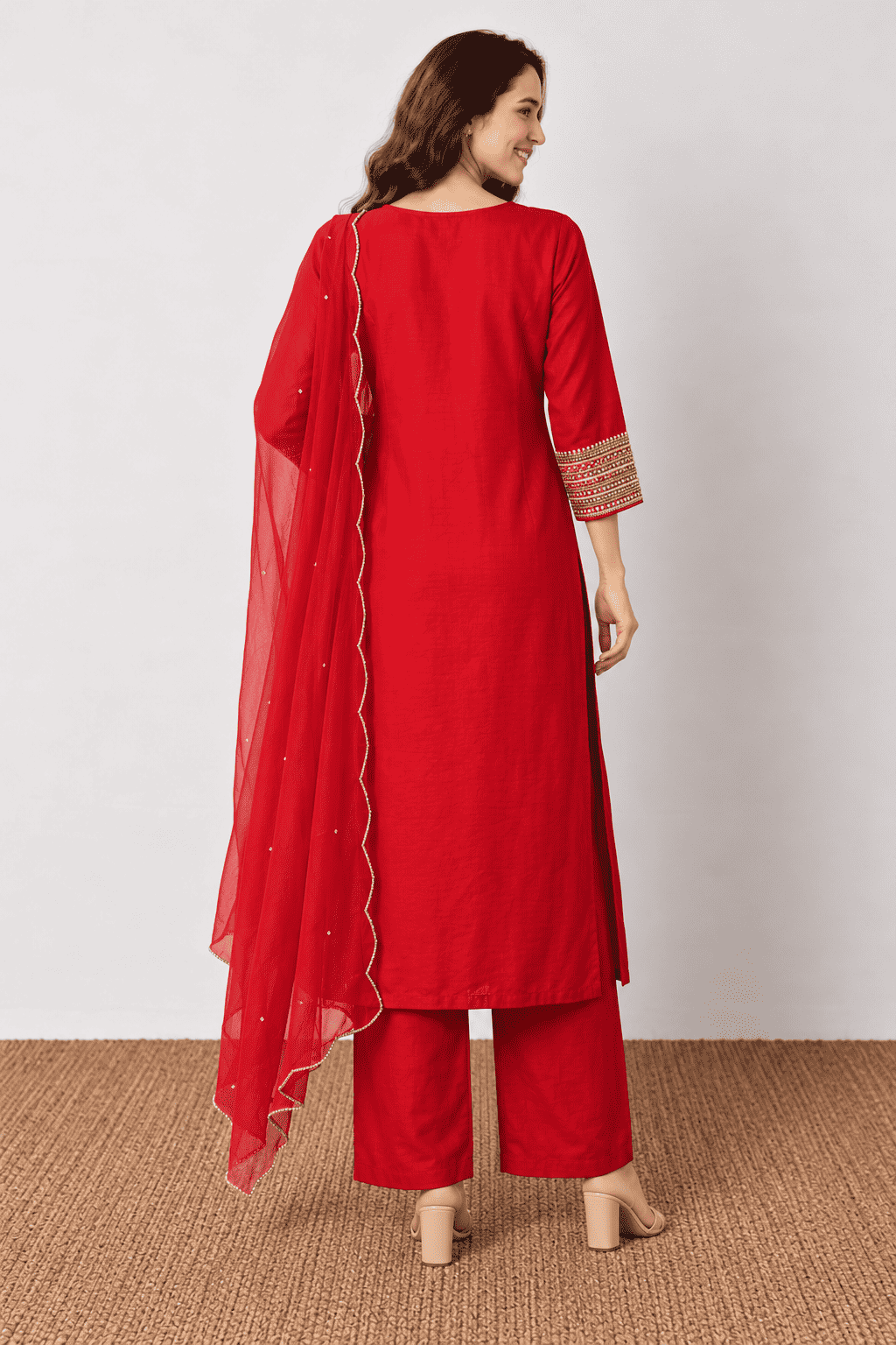 Red embroidered Dola Silk Kurta and Pant with Dupatta