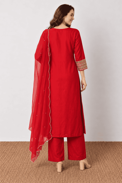 Red embroidered Dola Silk Kurta and Pant with Dupatta