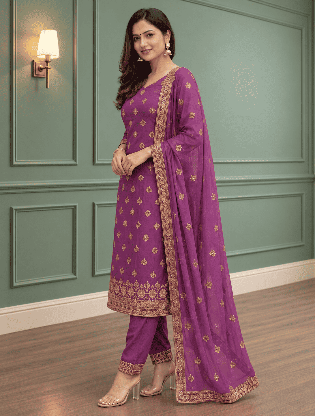 Unstitched Plum Shimmer Silk-Blend Embroidered Suit Material