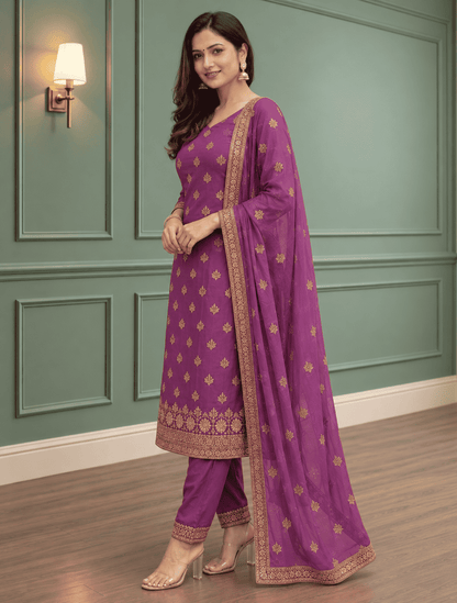Unstitched Plum Shimmer Silk-Blend Embroidered Suit Material
