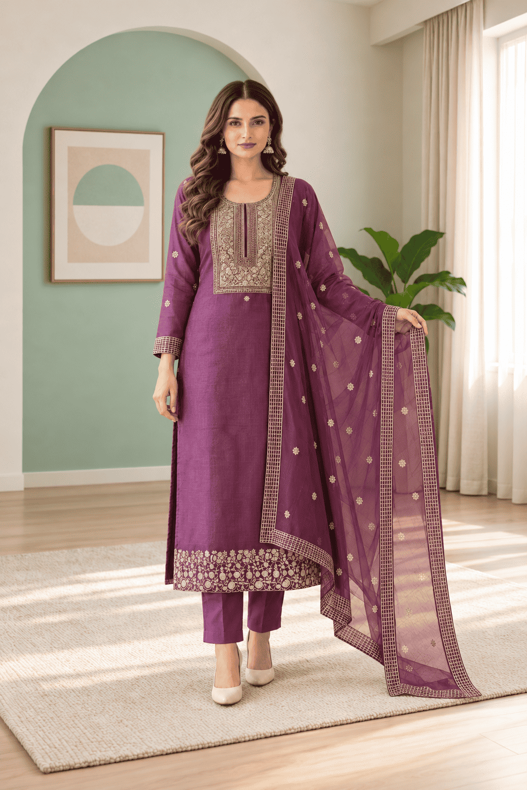 Semi-Stitched Plum-Purple Organza Suit Featuring Fine Zari And Sequin Embroidery