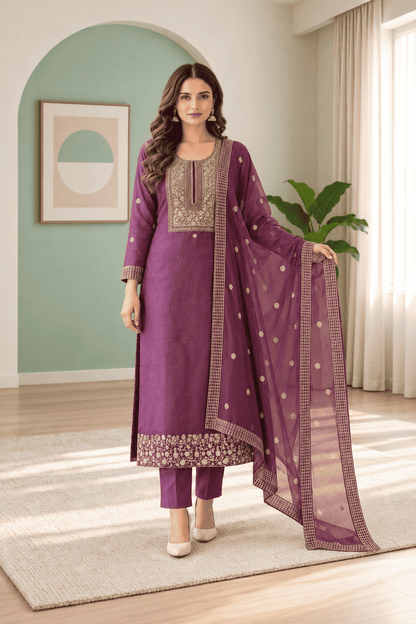 Semi-Stitched Plum-Purple Organza Suit Featuring Fine Zari And Sequin Embroidery