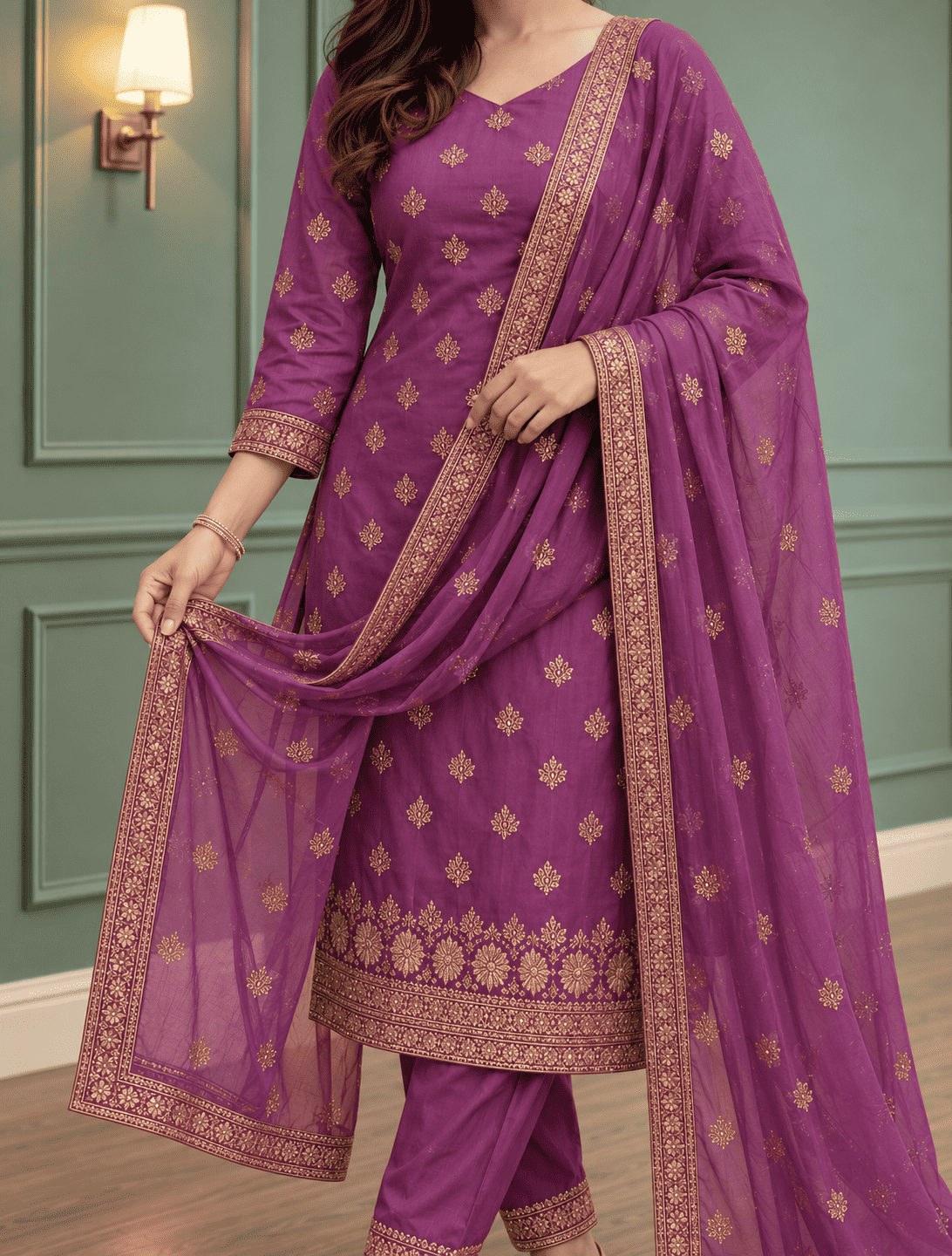 Unstitched Plum Shimmer Silk-Blend Embroidered Suit Material