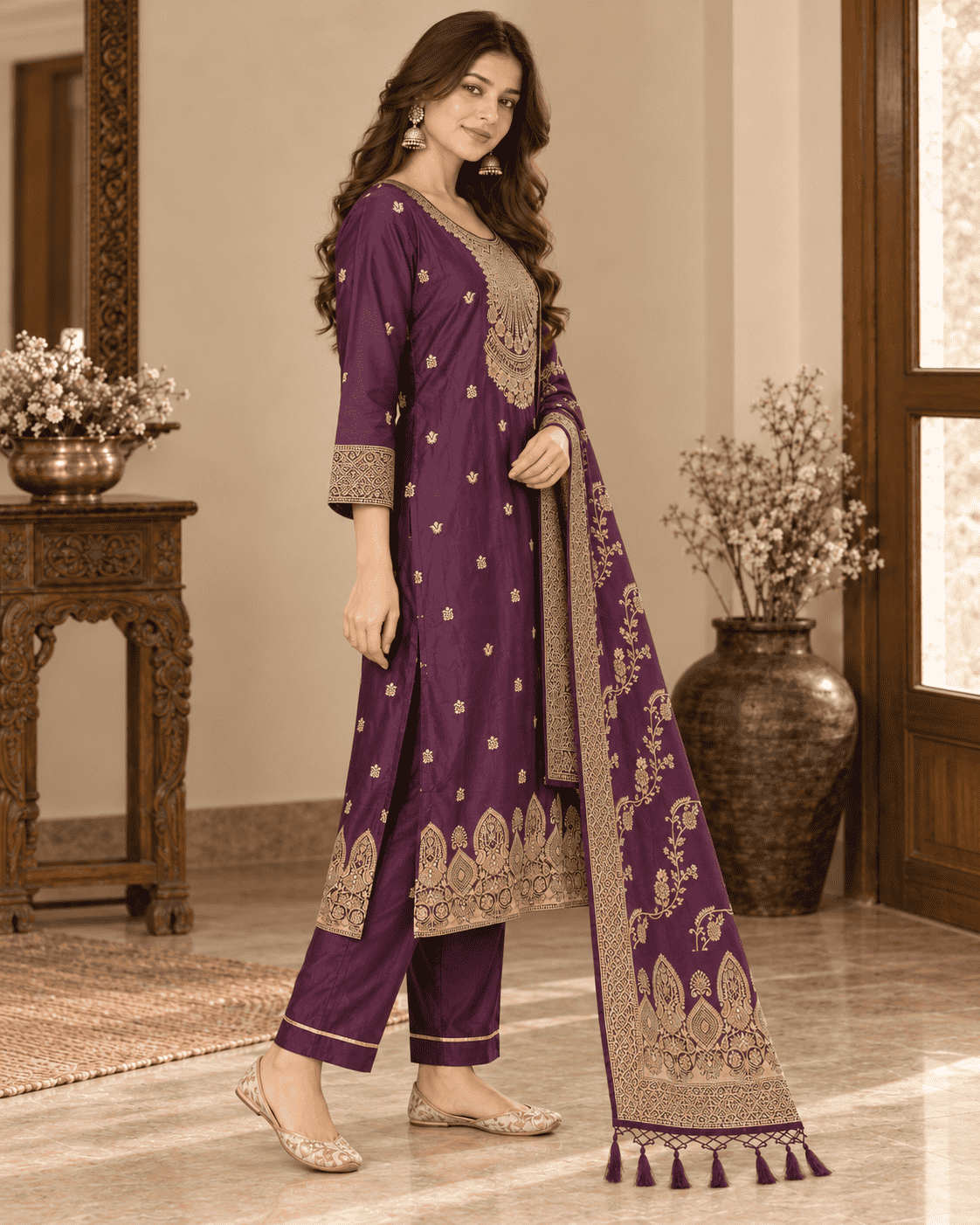 Wine Cotton Silk Blend Kurta Pant and Dupatta Set