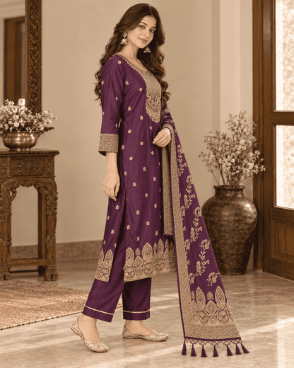 Wine Cotton Silk Blend Kurta Pant and Dupatta Set