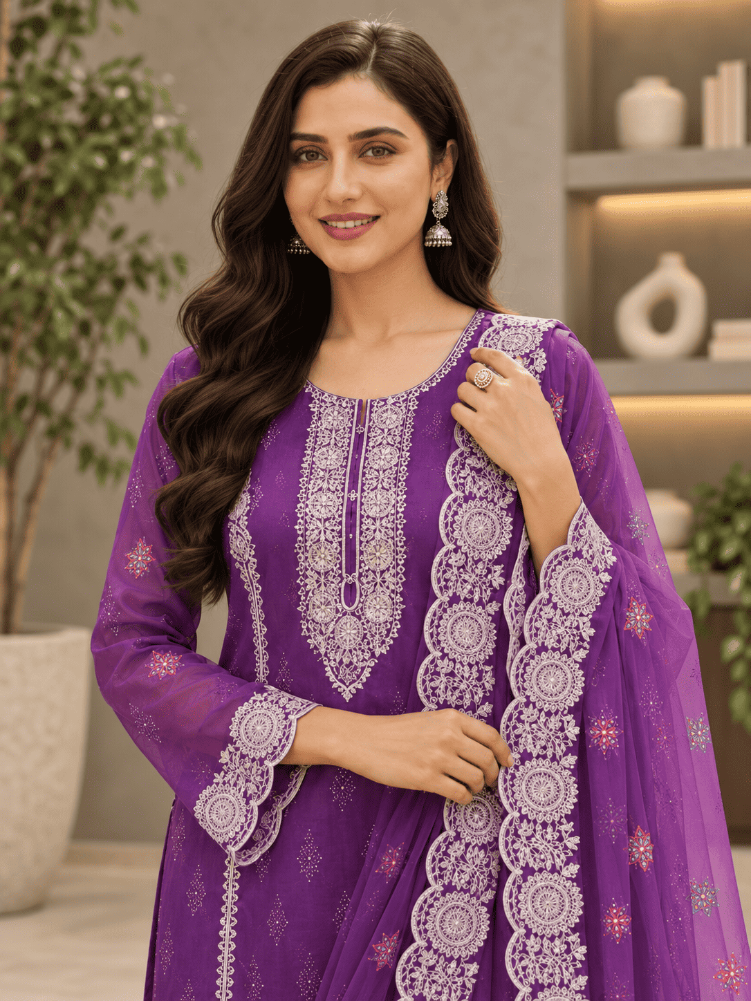 Plum-Purple Semi-Stitched With Multicolour Embroidery Lightweight Organza Suit Set With Dupatta