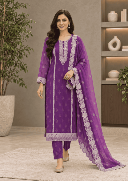 Plum-Purple Semi-Stitched With Multicolour Embroidery Lightweight Organza Suit Set With Dupatta