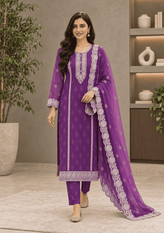 Plum-Purple Semi-Stitched With Multicolour Embroidery Lightweight Organza Suit Set With Dupatta