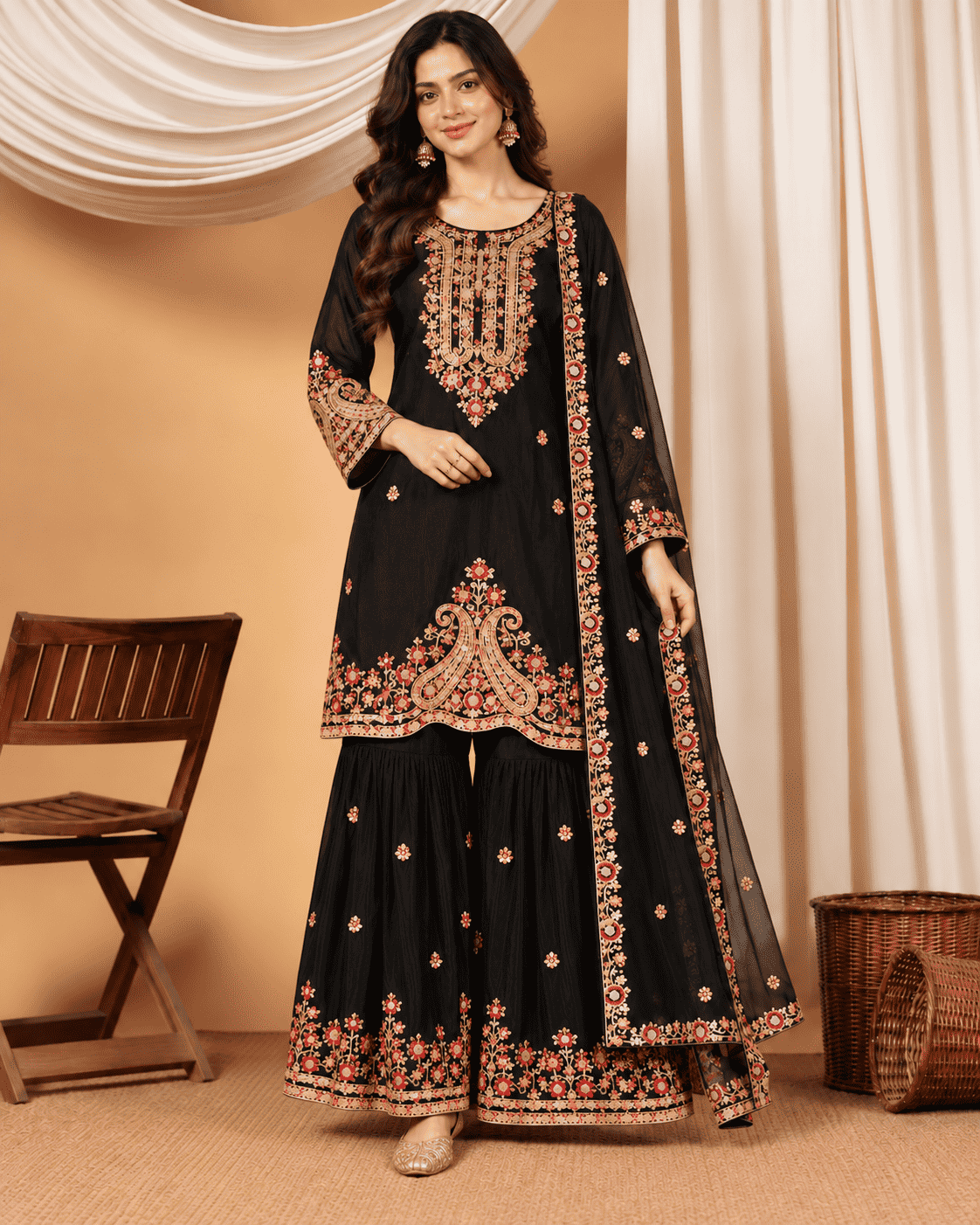 Black Embroidered Chinon Kurta Gharara and Dupatta Set