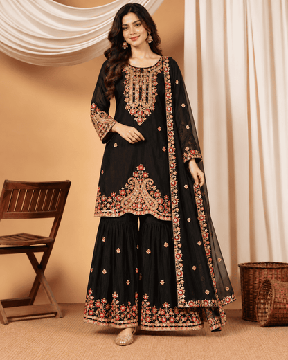 Black Embroidered Chinon Kurta Gharara and Dupatta Set