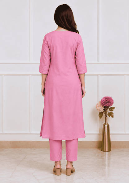 Pink Cotton blend angrakha style kurta with straight pant
