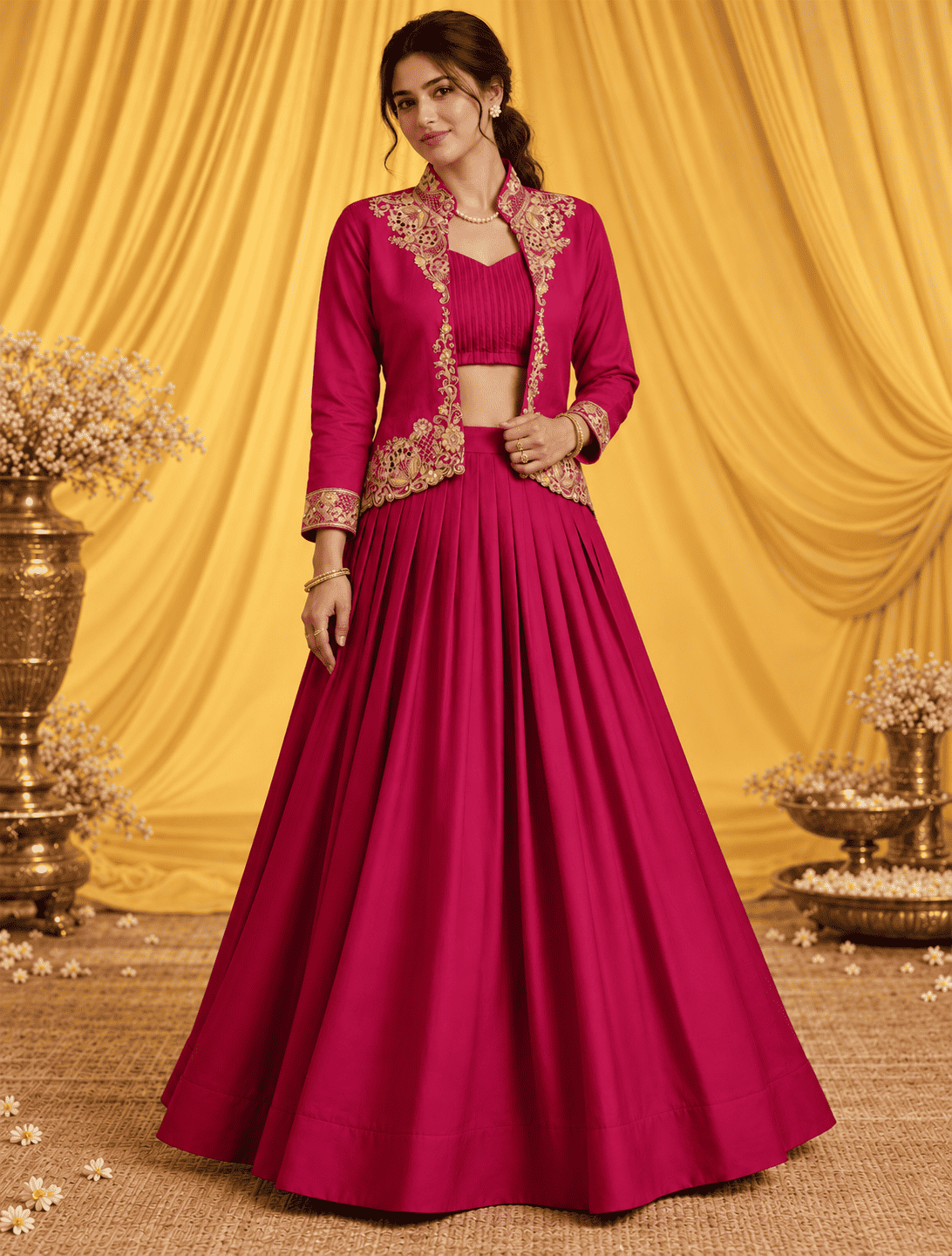 Red silk blend with embroidery jacket lehenga set