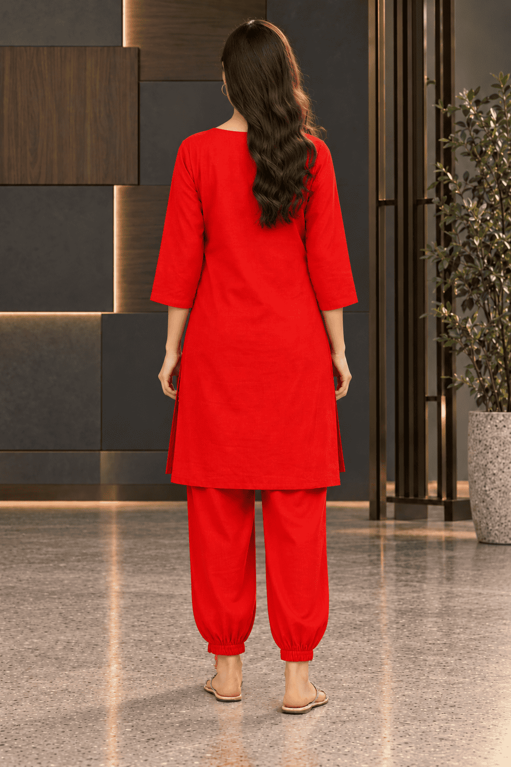 Bright Red embroidered border design linen kurta pant set