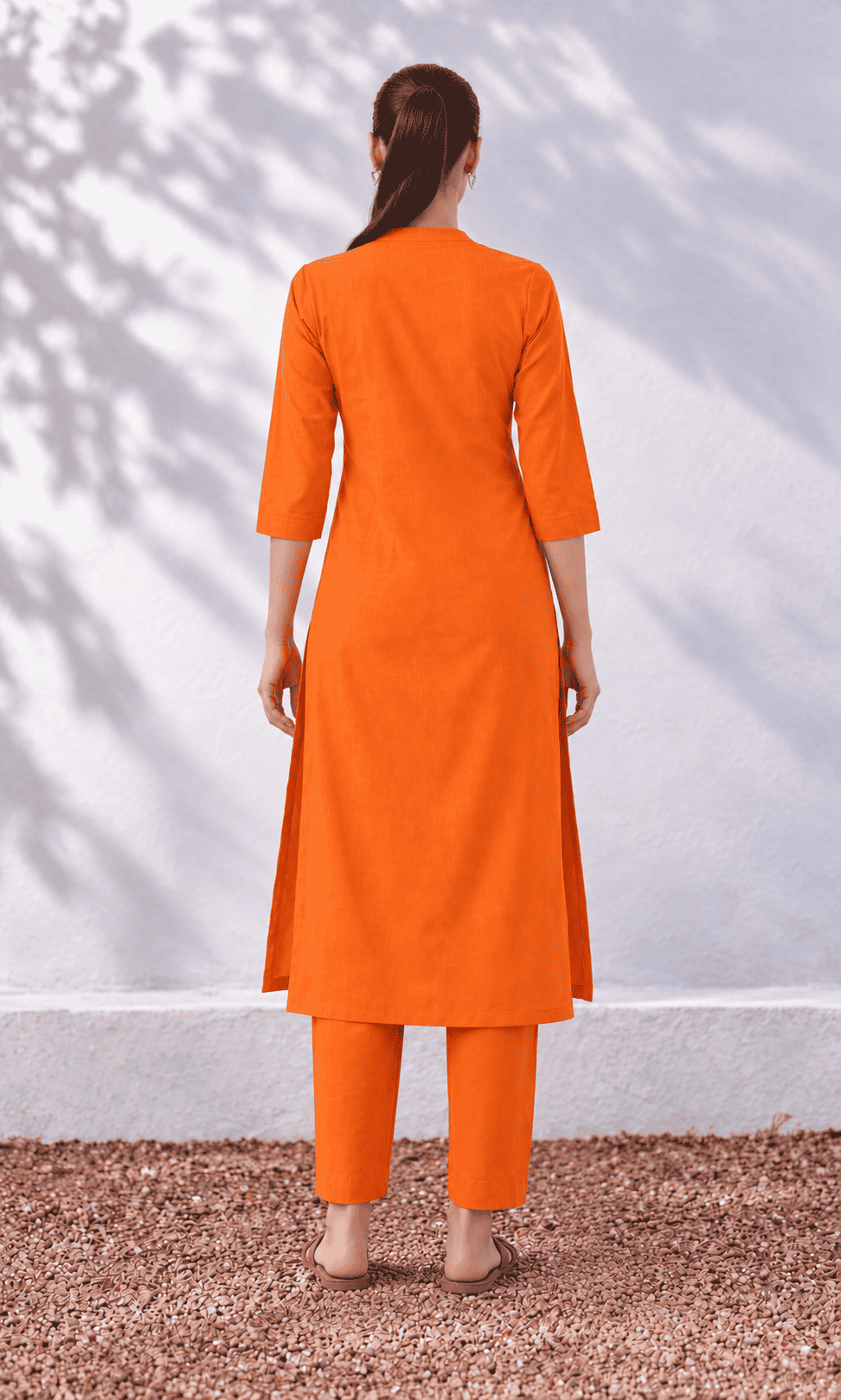 Orange linen colour block Kurta pant set