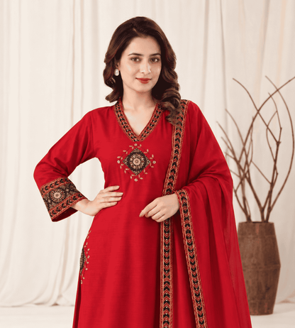 Red Cotton Kurta and pant with dupatta