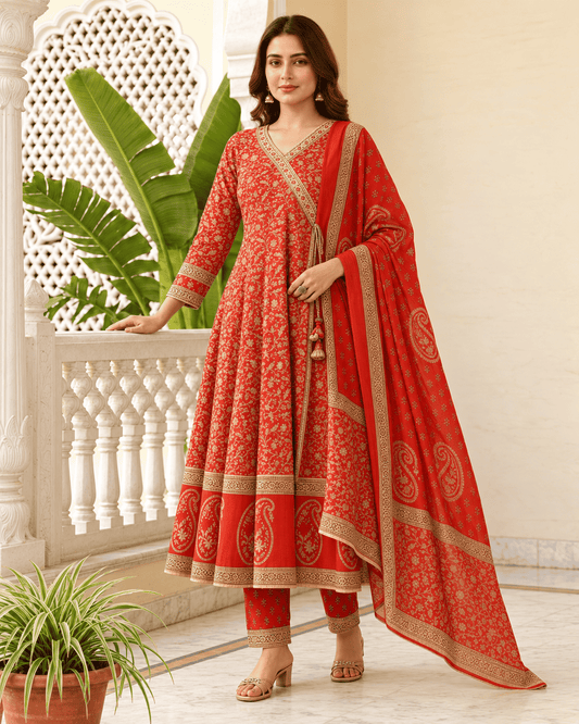 Vibrant Red Cotton Floral Handblock Sangneri Angrakha-Style Kurta Set With Dupatta