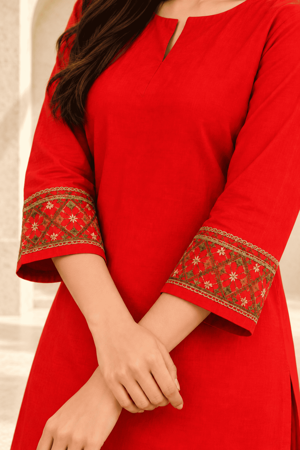 Bright Red embroidered border design linen kurta pant set