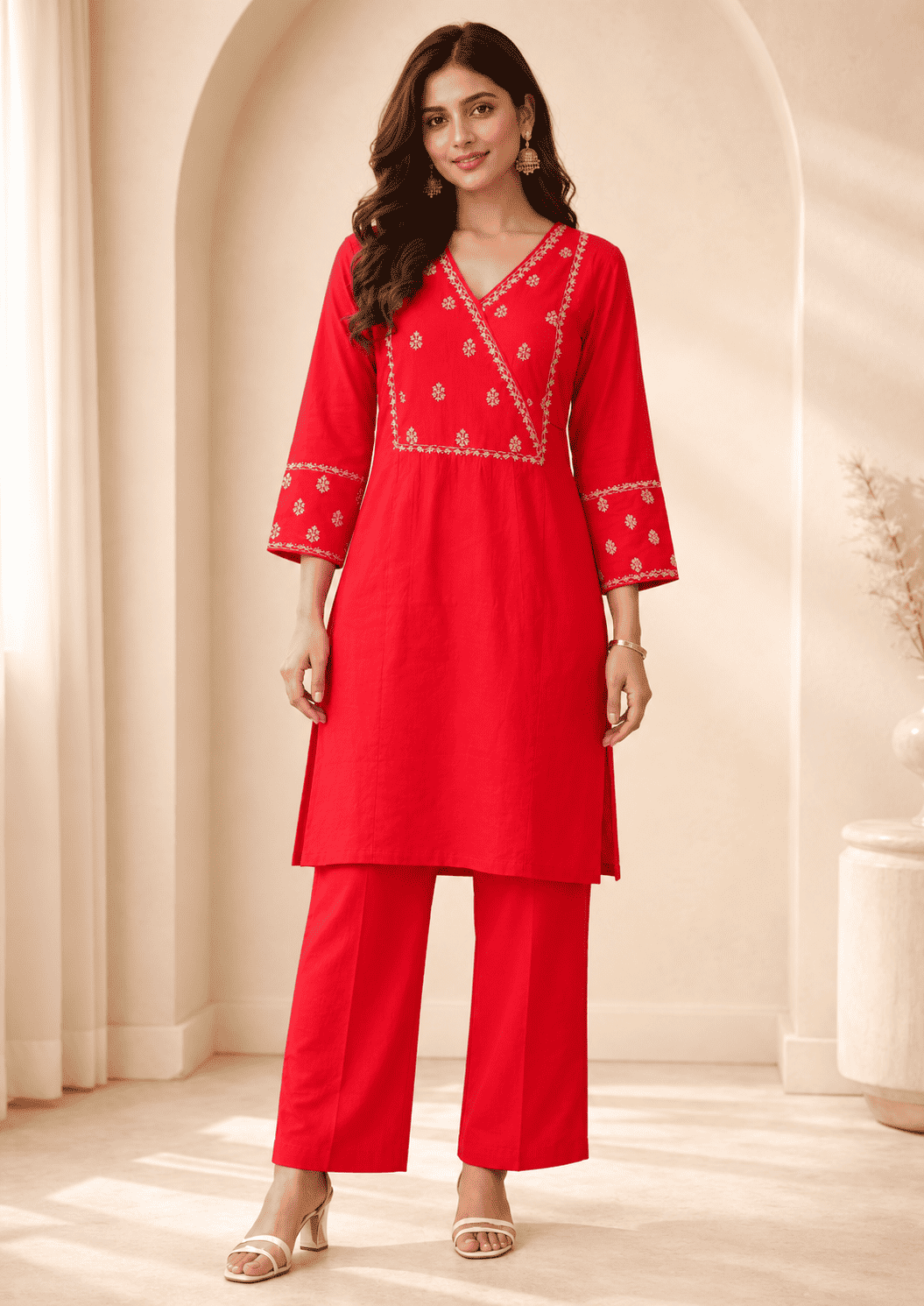 Red with Embroidered Soft Silk Blend Kurta Pant Set