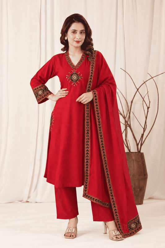 Red Cotton Kurta and pant with dupatta