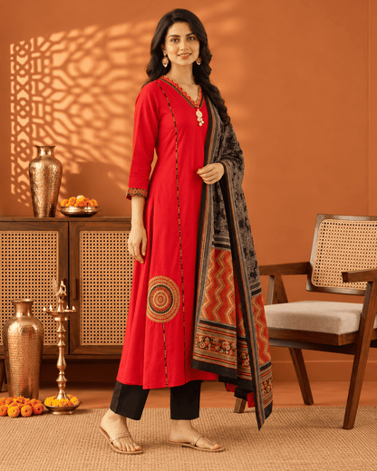 Vibrant Red Cotton Kurta Set And Dupatta With Intricate Embroidery And Mirror Work On The Yoke And Applique Pocket