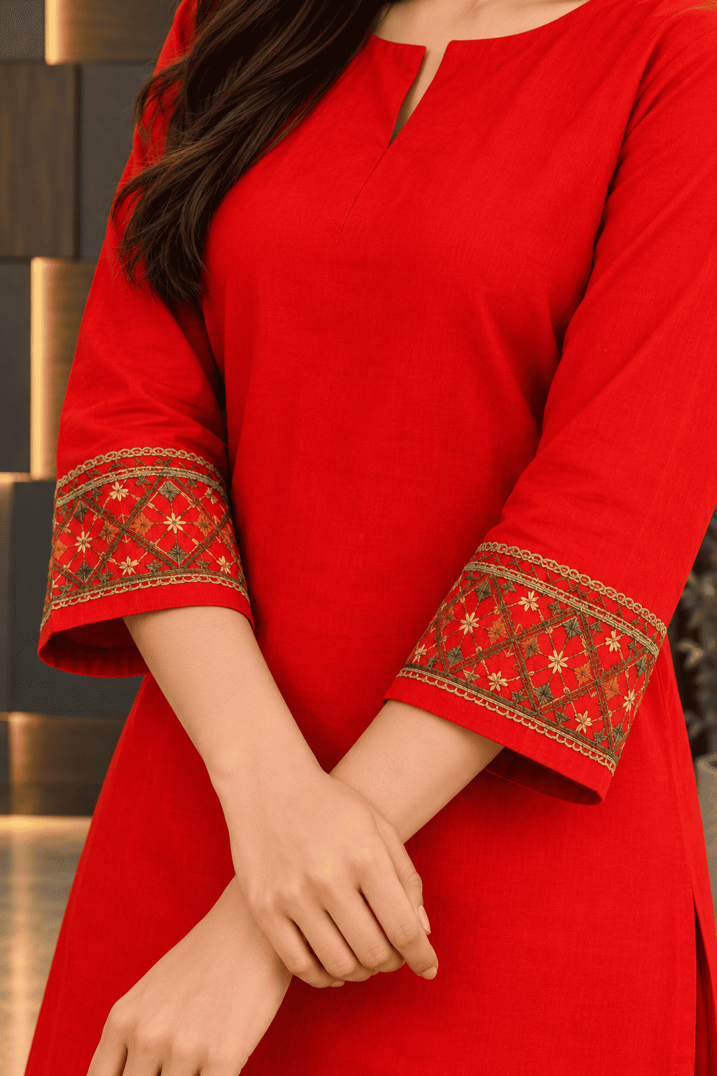 Bright Red embroidered border design linen kurta pant set