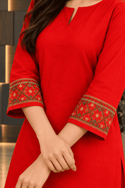 Bright Red embroidered border design linen kurta pant set