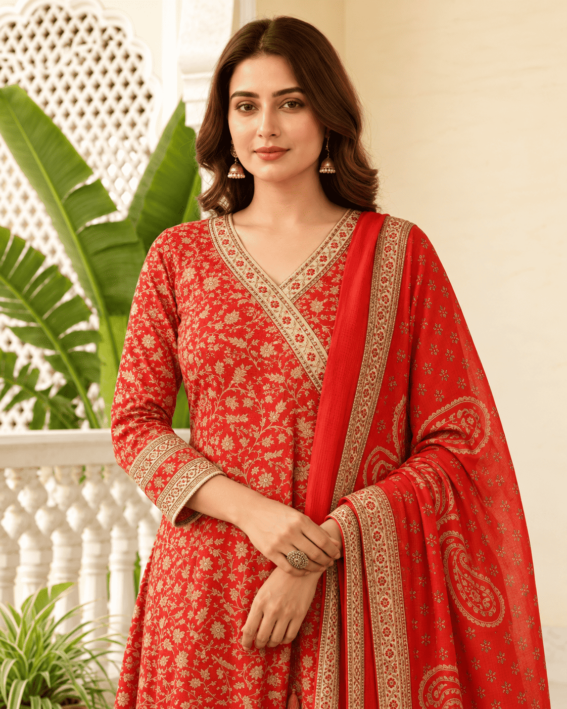 Vibrant Red Cotton Floral Handblock Sangneri Angrakha-Style Kurta Set With Dupatta
