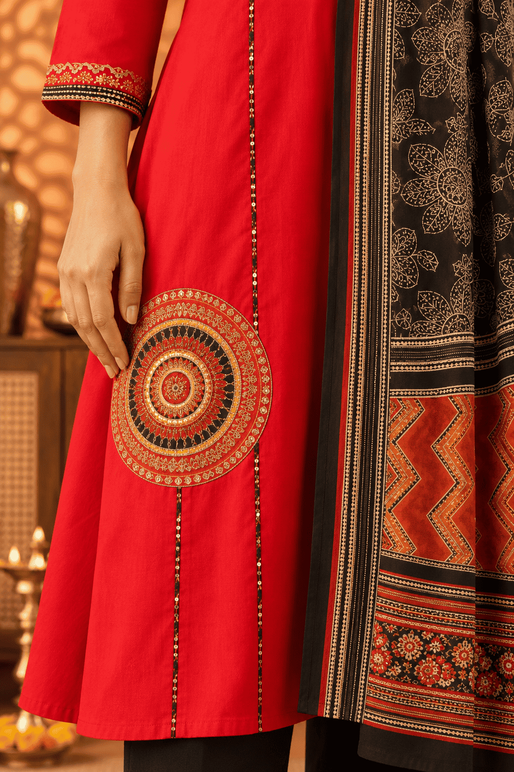 Vibrant Red Cotton Kurta Set And Dupatta With Intricate Embroidery And Mirror Work On The Yoke And Applique Pocket