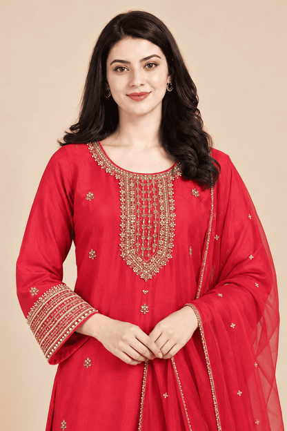 Magenta Embroidered Dola Silk Kurta and Pant with Dupatta
