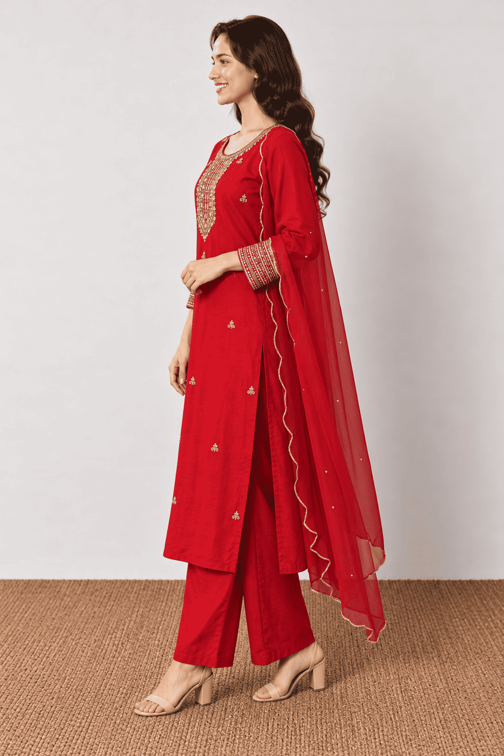 Red embroidered Dola Silk Kurta and Pant with Dupatta