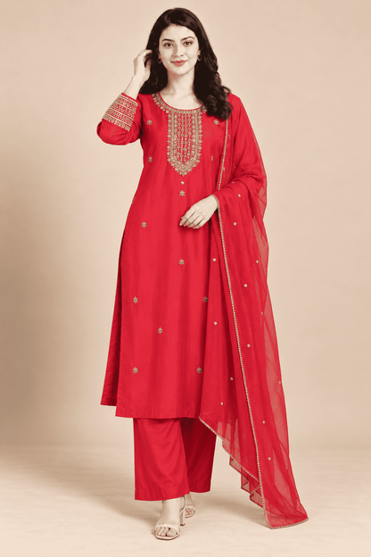 Magenta Embroidered Dola Silk Kurta and Pant with Dupatta
