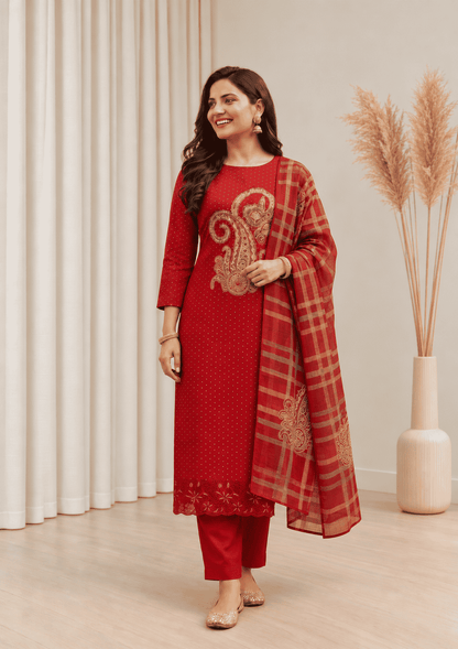 Unstitched Rich Maroon Art Silk Suit With Multicoloured Paisley Applique And Mirror Handwork Detailing