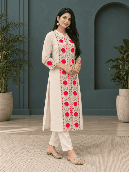 Soft cotton in ivory base with red floral prints kurta pant set