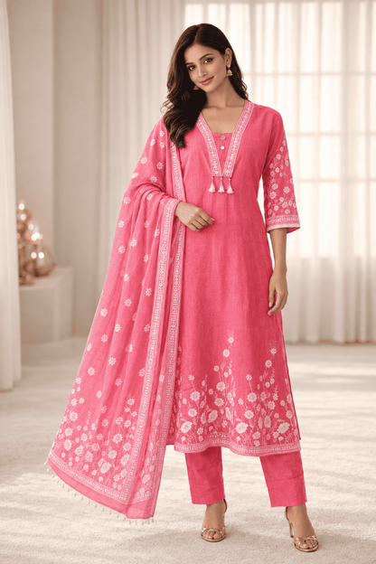 Pink cotton kurta pant set with white floral printed dupatta