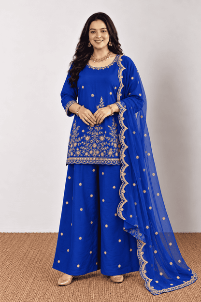 Royal Blue Cotton  Kurta Palazzo With Dupatta