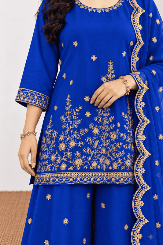 Royal Blue Cotton  Kurta Palazzo With Dupatta