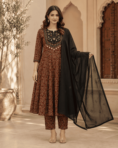 Brown Printed Cotton Anarkali Suit With Solid Black Dupatta