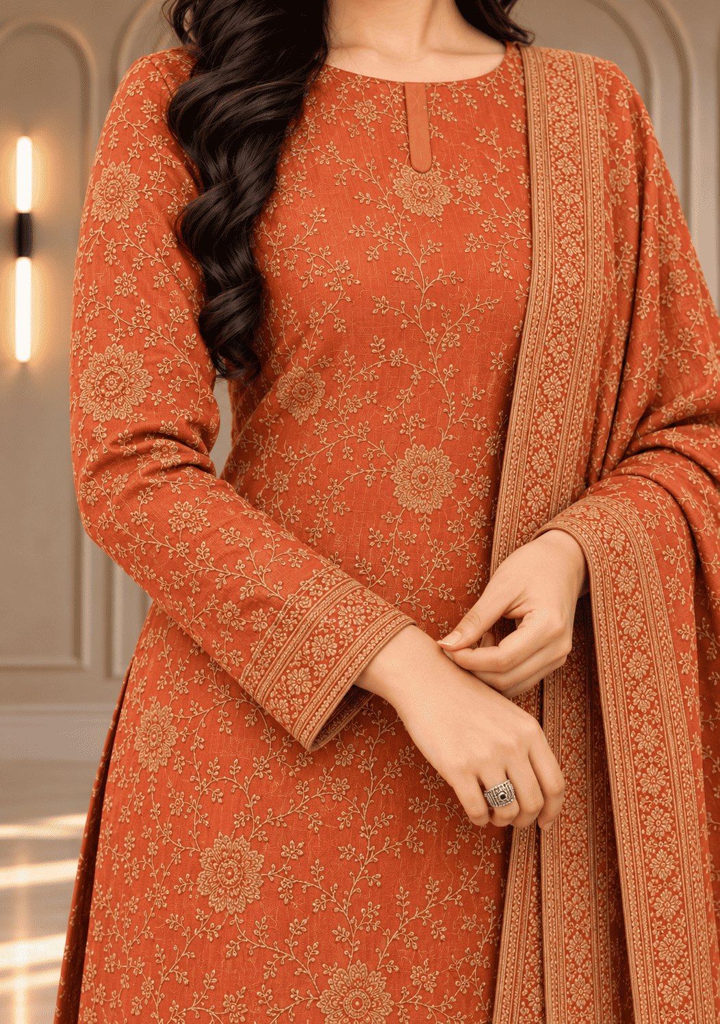 Unstitched Rose-Red Tissue Silk With Zari Work Suit Material