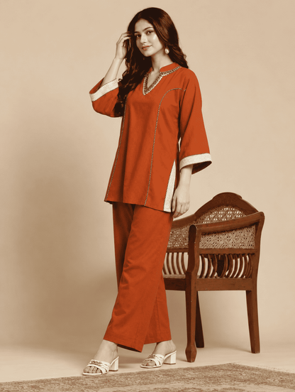 Orange Embroidered Cotton Flex Co-ord Set