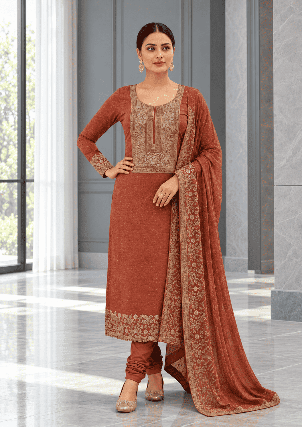 Semi-Stitched Deep Wine-Red Muslin Silk Suit Embellished With Scattered Rhinestone Butti And Intricate Golden Zari Embroidery