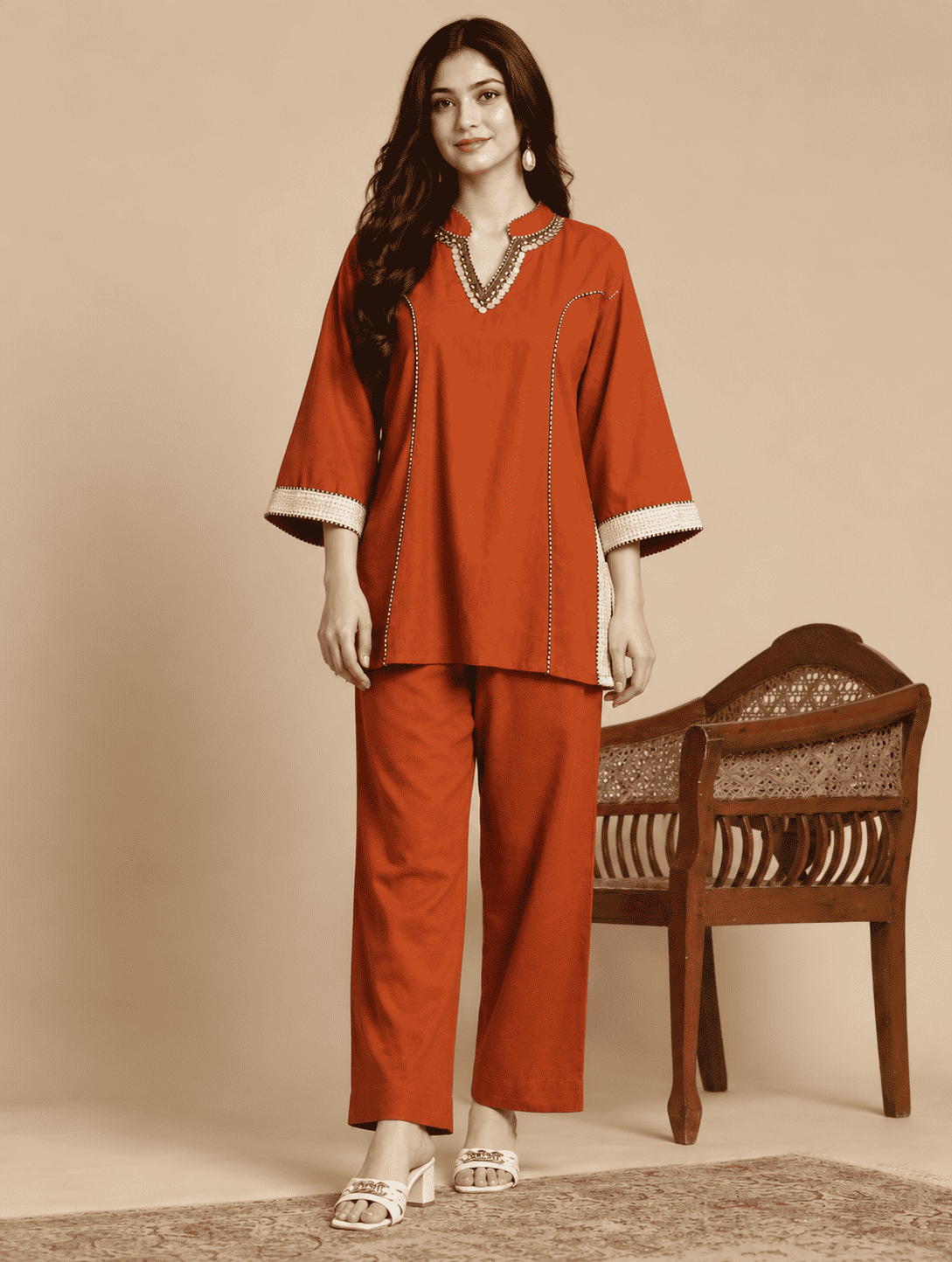 Orange Embroidered Cotton Flex Co-ord Set
