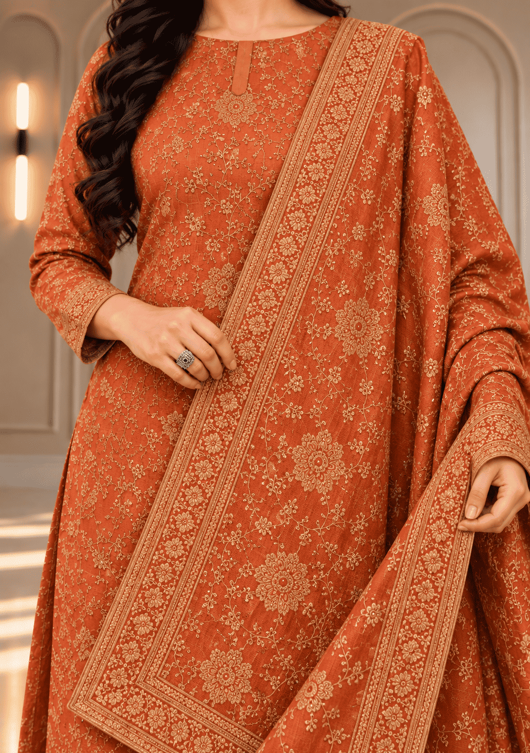 Unstitched Rose-Red Tissue Silk With Zari Work Suit Material