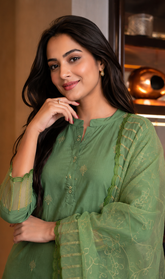 Green Silk Blend Embroidered Kurta Pant and Dupatta Set